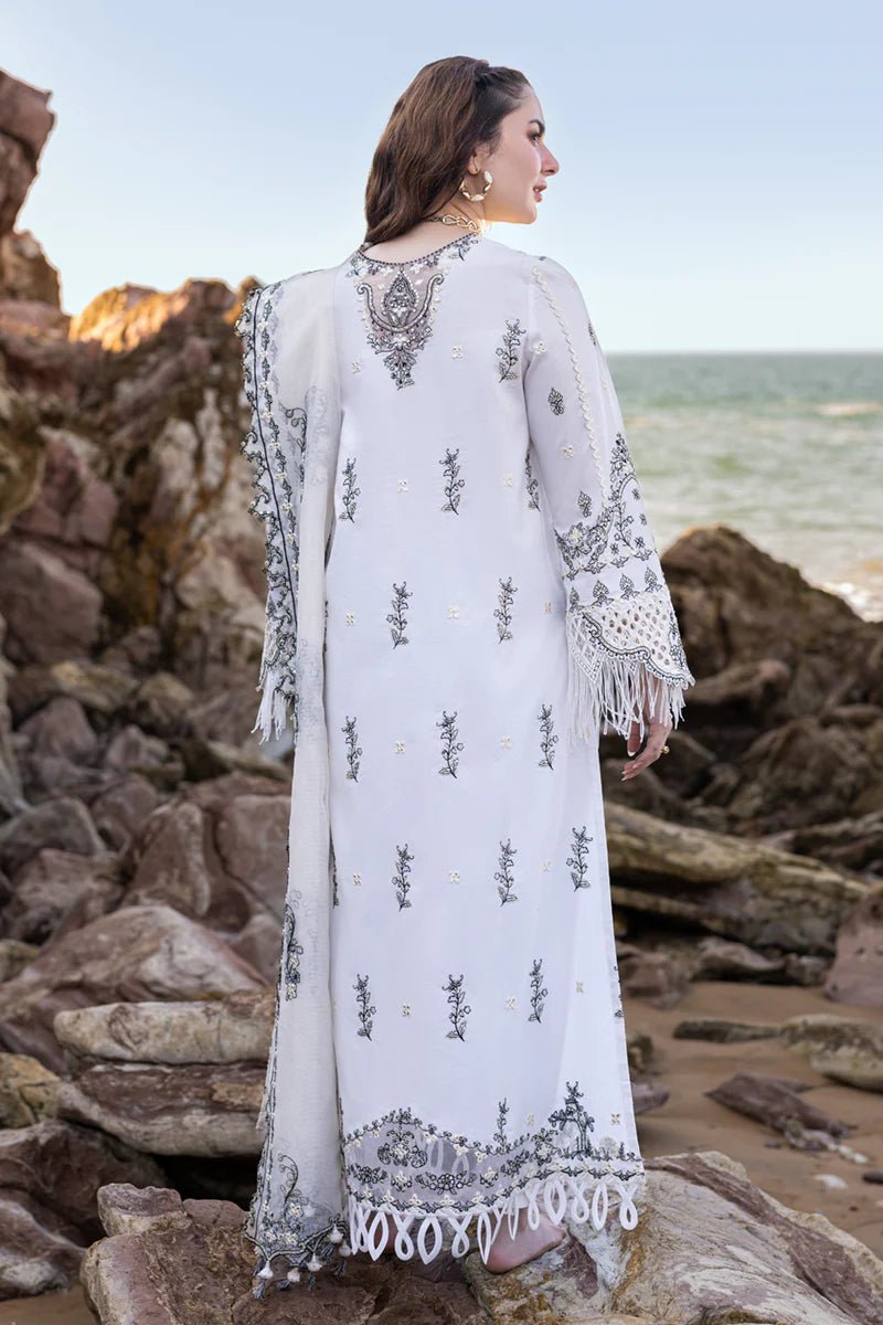 Model wearing Qalamkar SAHIL KINARE Luxury Lawn’24 FP - 02 FIZA dress, embodying Pakistani clothes online in the UK.