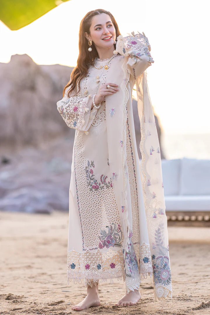 Model wearing a pastel pink FP - 09 SELIN dress from Qalamkar's SAHIL KINARE Luxury Lawn’24 collection. Perfect for Pakistani clothes online in the UK