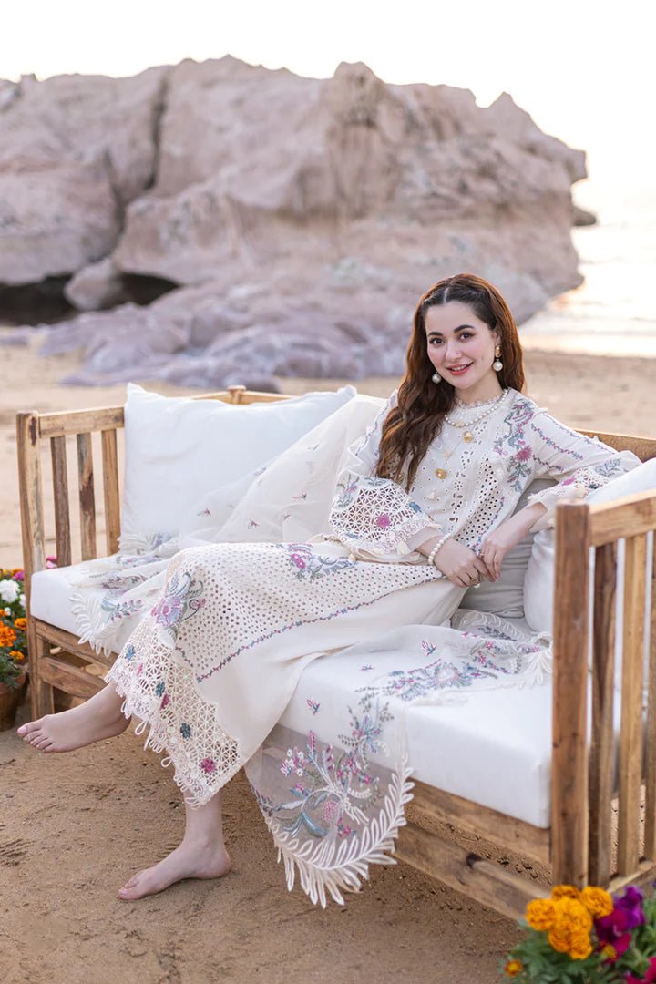 Model wearing a pastel pink FP - 09 SELIN dress from Qalamkar's SAHIL KINARE Luxury Lawn’24 collection. Perfect for Pakistani clothes online in the UK