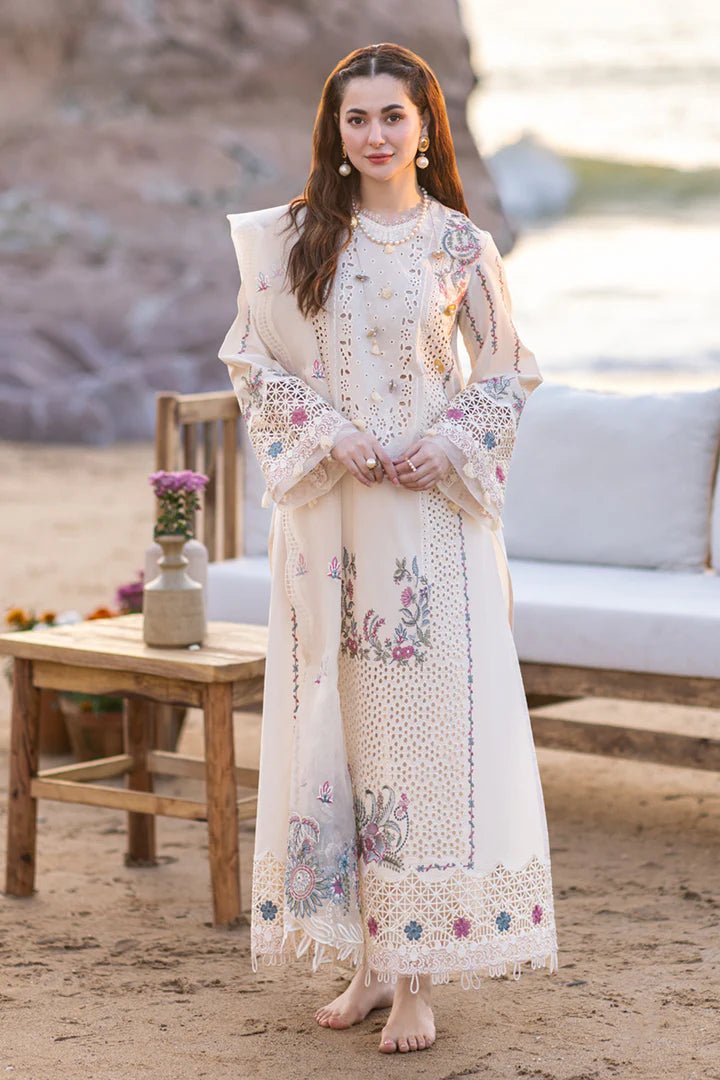 Model wearing a pastel pink FP - 09 SELIN dress from Qalamkar's SAHIL KINARE Luxury Lawn’24 collection. Perfect for Pakistani clothes online in the UK