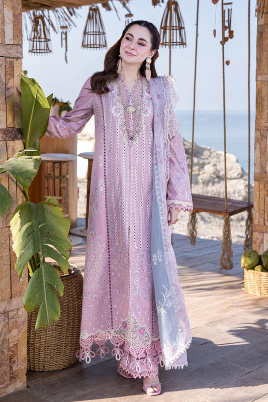 Model wearing a pastel pink FP - 10 LINA dress from Qalamkar's SAHIL KINARE - Luxury Lawn’24 collection. Pakistani clothes online in UK, perfect lawn suit for summer.