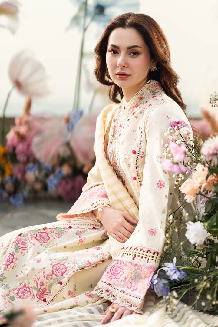 Model wearing cream FK - 14 SCARLETT dress from Qalamkar, a stylish Pakistani lawn suit perfect for summer clothes and lawn suits in the UK.