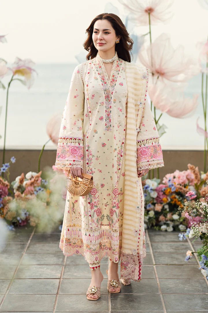 Model wearing cream FK - 14 SCARLETT dress from Qalamkar, a stylish Pakistani lawn suit perfect for summer clothes and lawn suits in the UK.