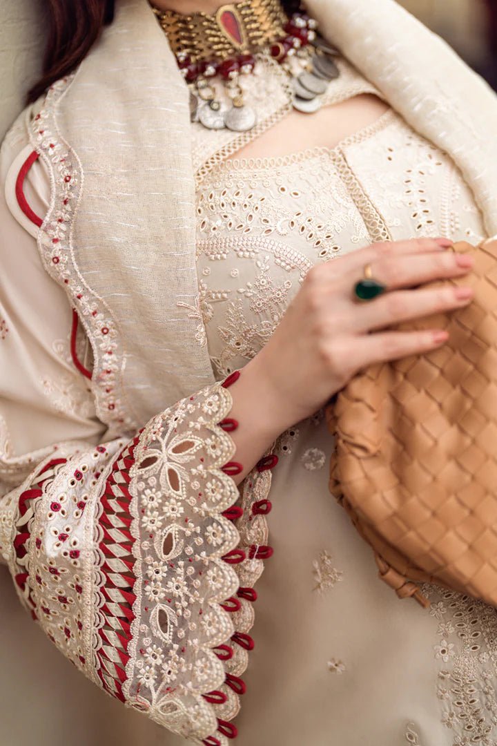 Model wearing beige FK - 16 ANAYA dress from Qalamkar, a luxurious Pakistani lawn suit perfect for summer clothes and lawn suits in the UK.