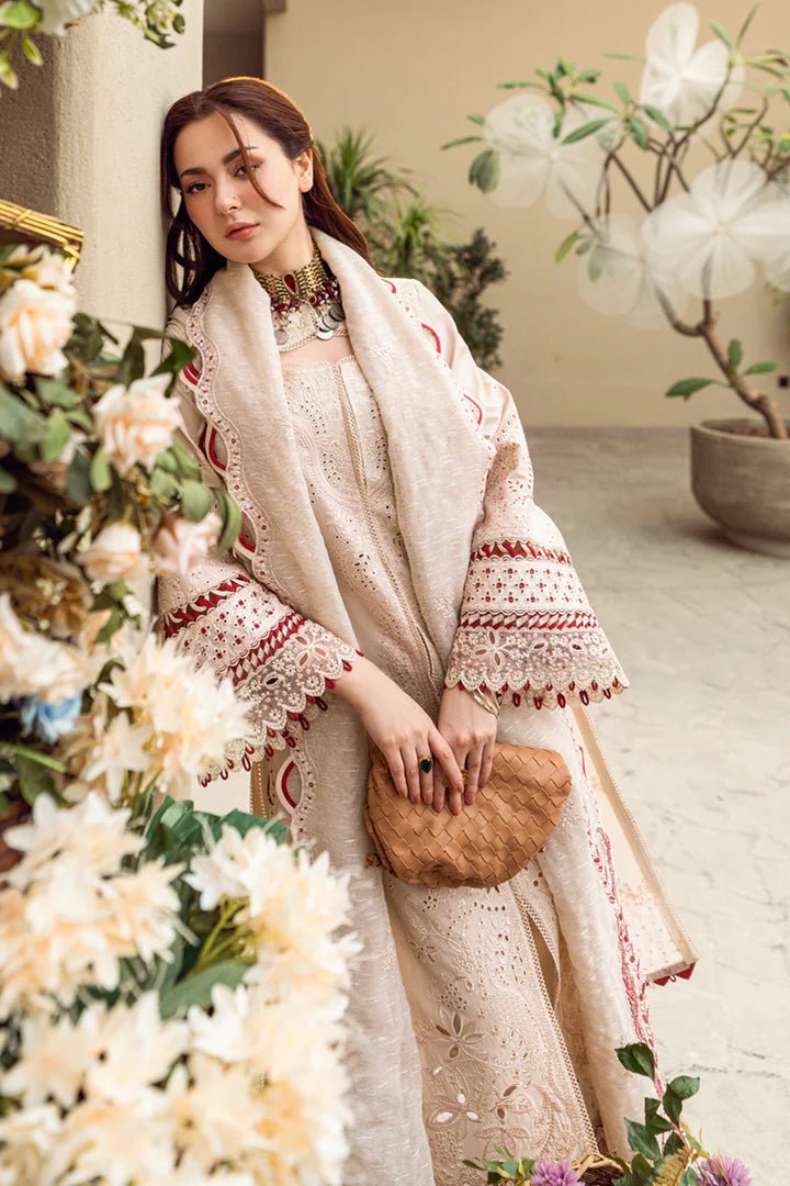 Model wearing beige FK - 16 ANAYA dress from Qalamkar, a luxurious Pakistani lawn suit perfect for summer clothes and lawn suits in the UK.