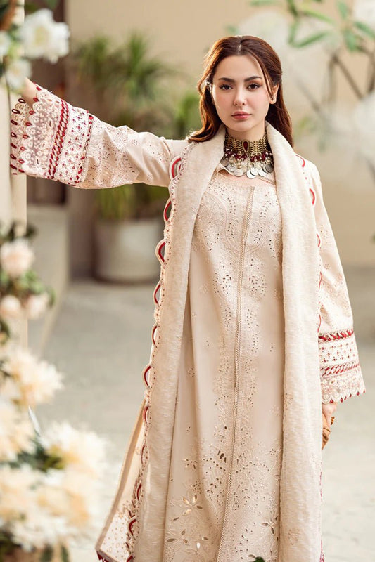 Model wearing beige FK - 16 ANAYA dress from Qalamkar, a luxurious Pakistani lawn suit perfect for summer clothes and lawn suits in the UK.