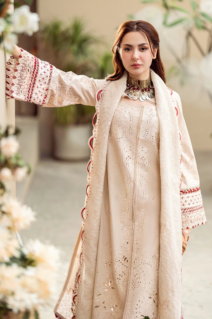 Model wearing beige FK - 16 ANAYA dress from Qalamkar, a luxurious Pakistani lawn suit perfect for summer clothes and lawn suits in the UK.