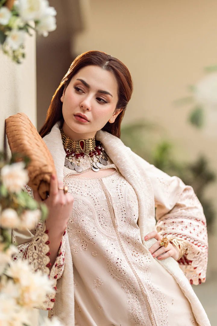 Model wearing beige FK - 16 ANAYA dress from Qalamkar, a luxurious Pakistani lawn suit perfect for summer clothes and lawn suits in the UK.