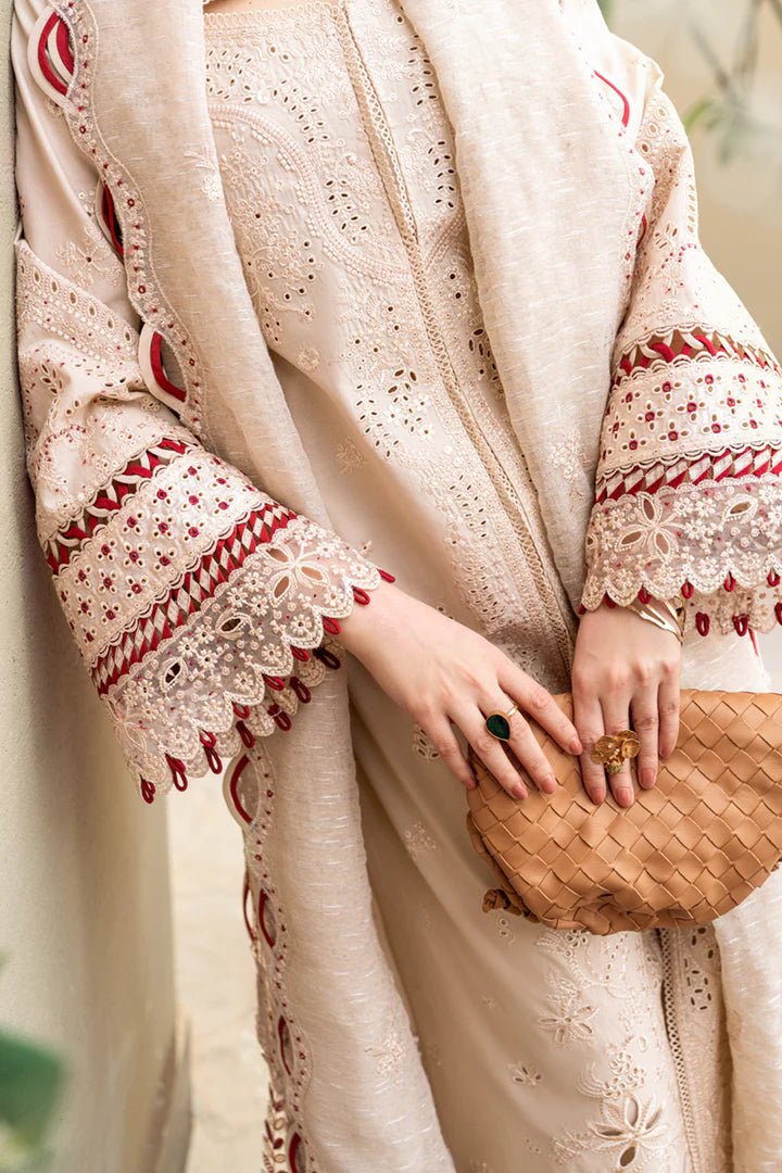 Model wearing beige FK - 16 ANAYA dress from Qalamkar, a luxurious Pakistani lawn suit perfect for summer clothes and lawn suits in the UK.
