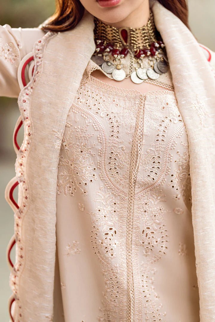 Model wearing beige FK - 16 ANAYA dress from Qalamkar, a luxurious Pakistani lawn suit perfect for summer clothes and lawn suits in the UK.