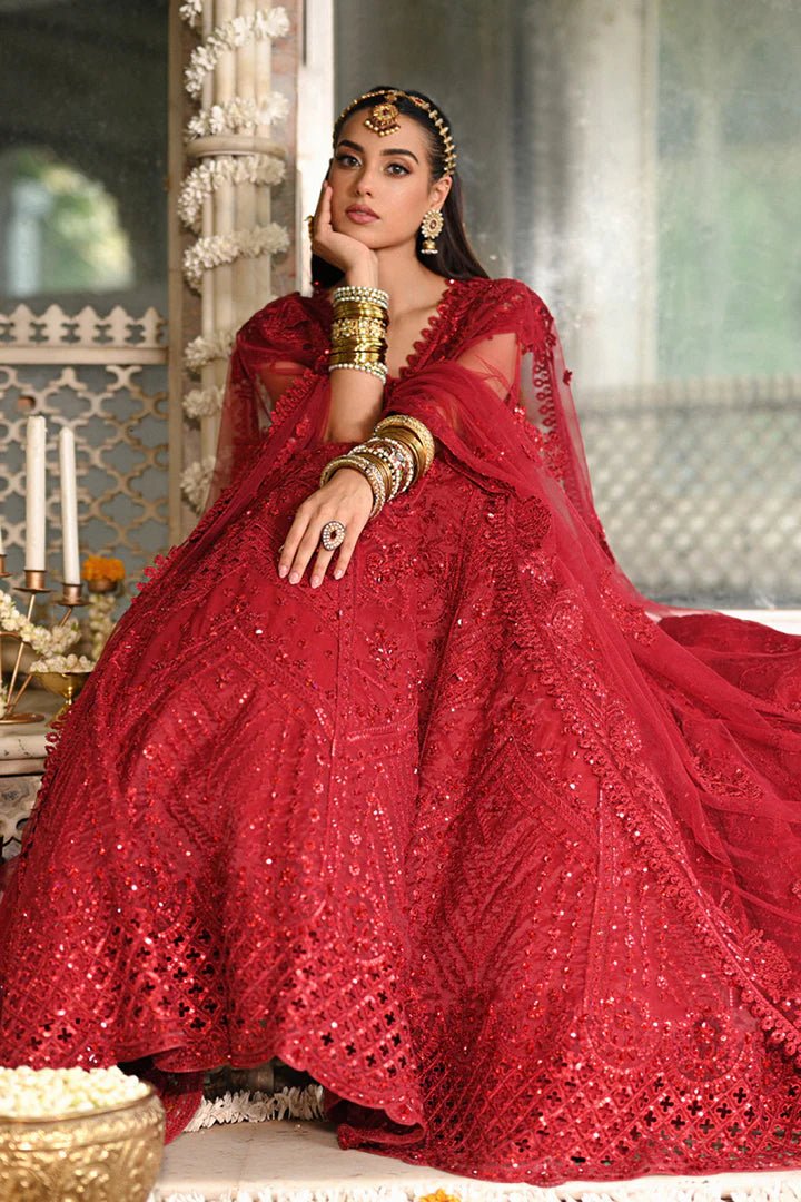 Model wearing Qalamkar Singhar Wedding Formals RF - 01 MUSKAAN dress in red, Pakistani wedding clothes online in UK.