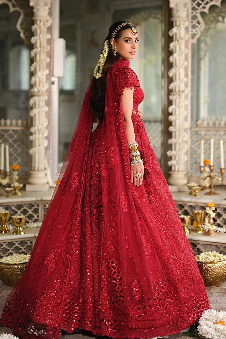 Model wearing Qalamkar Singhar Wedding Formals RF - 01 MUSKAAN dress in red, Pakistani wedding clothes online in UK.