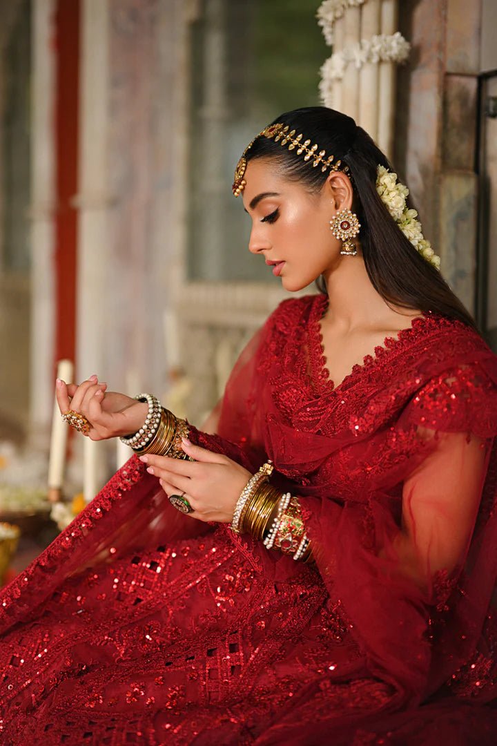 Model wearing Qalamkar Singhar Wedding Formals RF - 01 MUSKAAN dress in red, Pakistani wedding clothes online in UK.