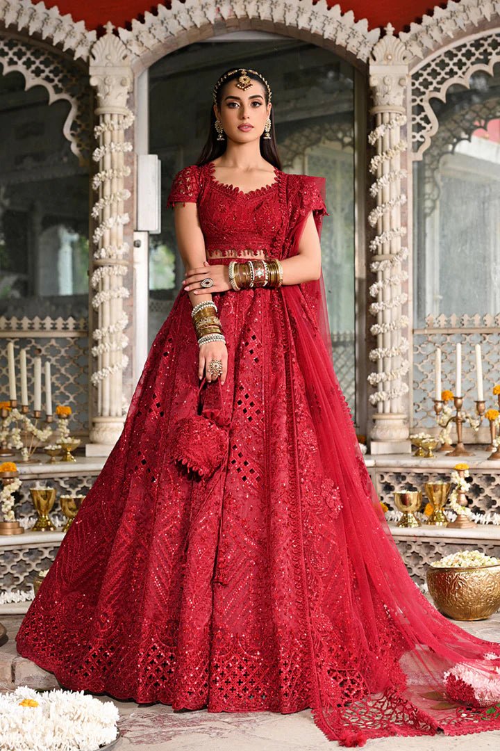 Model wearing Qalamkar Singhar Wedding Formals RF - 01 MUSKAAN dress in red, Pakistani wedding clothes online in UK.