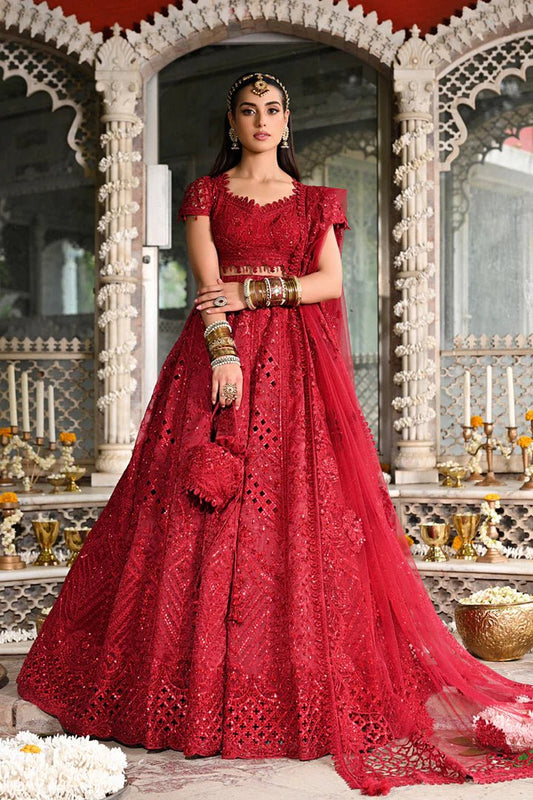 Model wearing Qalamkar Singhar Wedding Formals RF - 01 MUSKAAN dress in red, Pakistani wedding clothes online in UK.