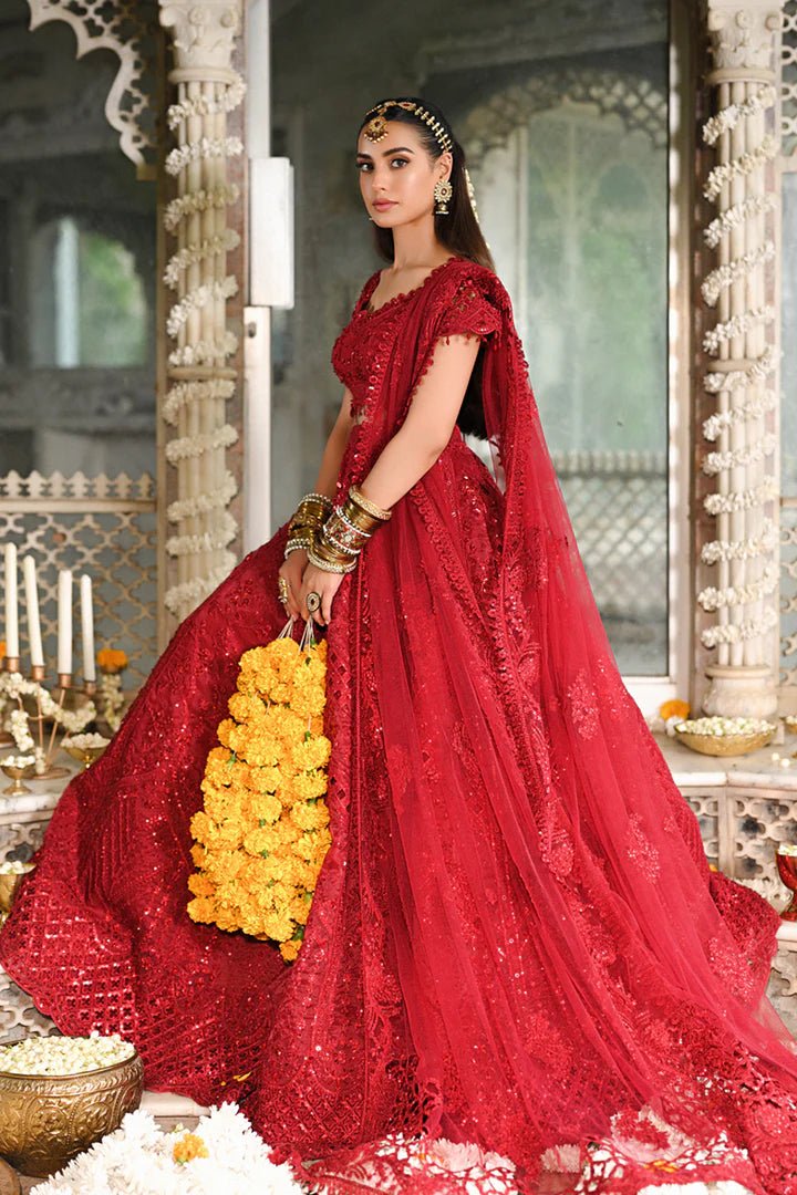 Model wearing Qalamkar Singhar Wedding Formals RF - 01 MUSKAAN dress in red, Pakistani wedding clothes online in UK.