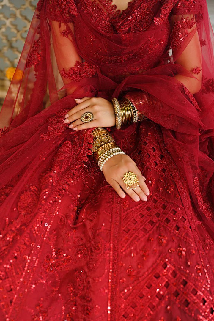 Model wearing Qalamkar Singhar Wedding Formals RF - 01 MUSKAAN dress in red, Pakistani wedding clothes online in UK.