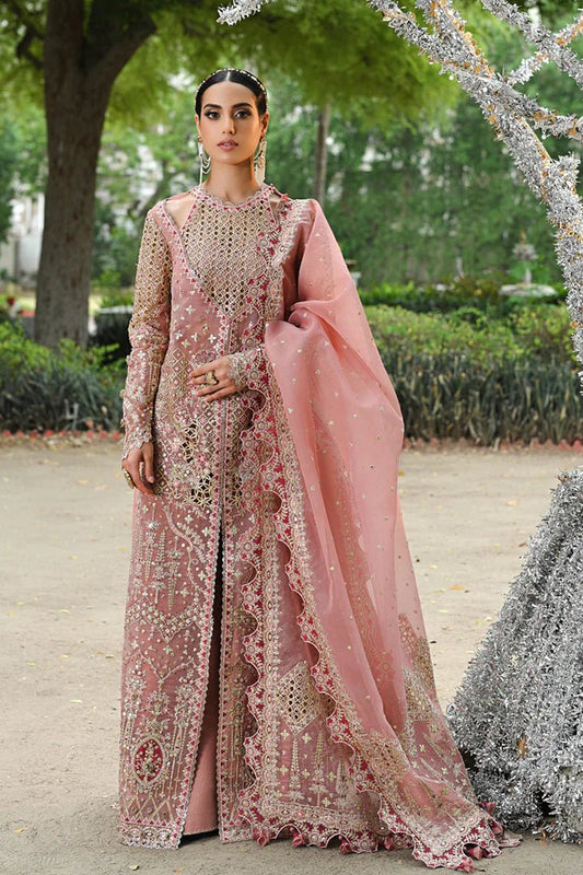 Model wearing Qalamkar Singhar Wedding Formals RF - 02 SALEHA dress in blush pink, Pakistani wedding clothes online in UK.