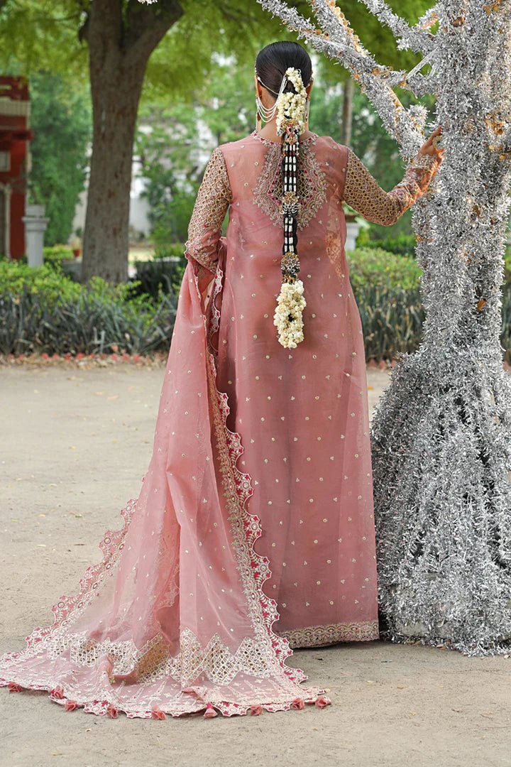 Model wearing Qalamkar Singhar Wedding Formals RF - 02 SALEHA dress in blush pink, Pakistani wedding clothes online in UK.