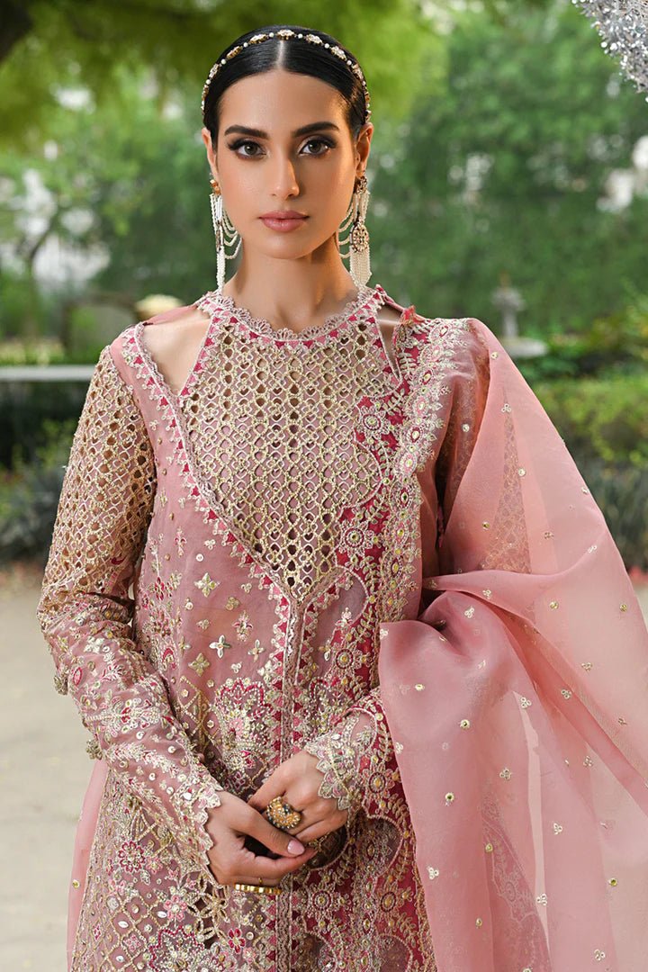 Model wearing Qalamkar Singhar Wedding Formals RF - 02 SALEHA dress in blush pink, Pakistani wedding clothes online in UK.