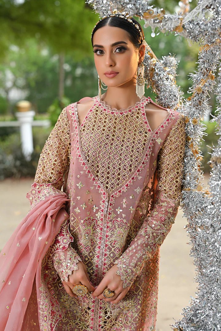 Model wearing Qalamkar Singhar Wedding Formals RF - 02 SALEHA dress in blush pink, Pakistani wedding clothes online in UK.