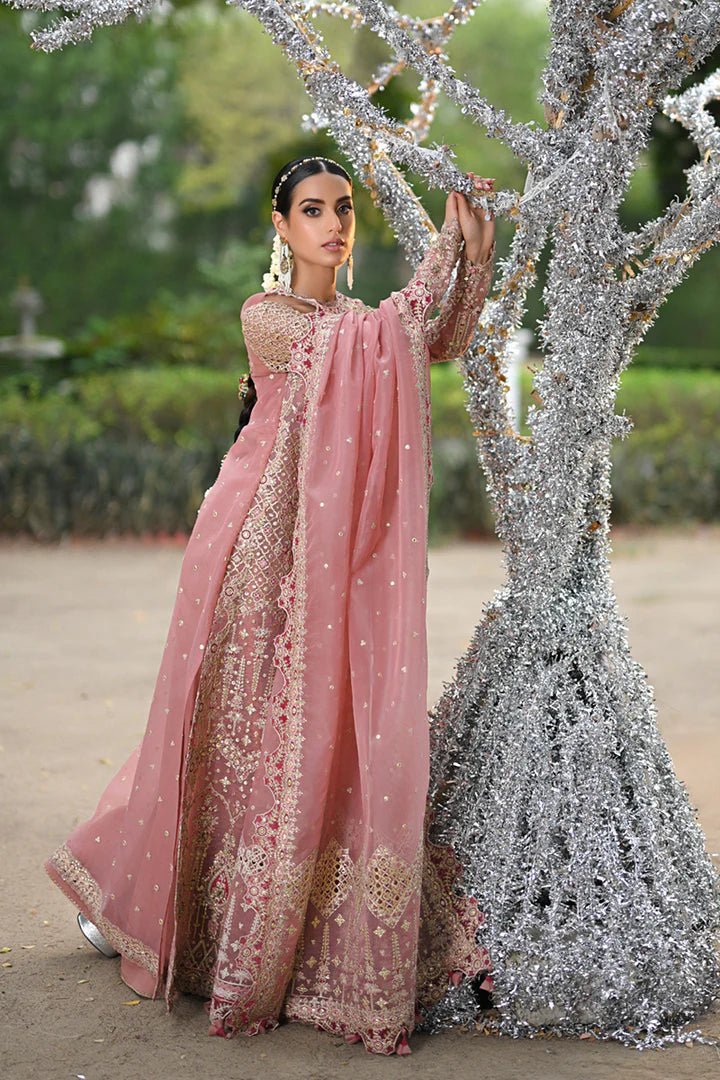 Model wearing Qalamkar Singhar Wedding Formals RF - 02 SALEHA dress in blush pink, Pakistani wedding clothes online in UK.