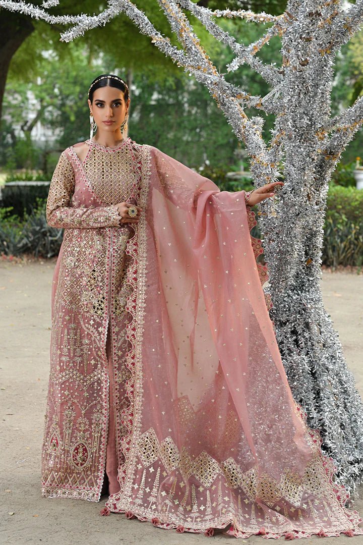 Model wearing Qalamkar Singhar Wedding Formals RF - 02 SALEHA dress in blush pink, Pakistani wedding clothes online in UK.