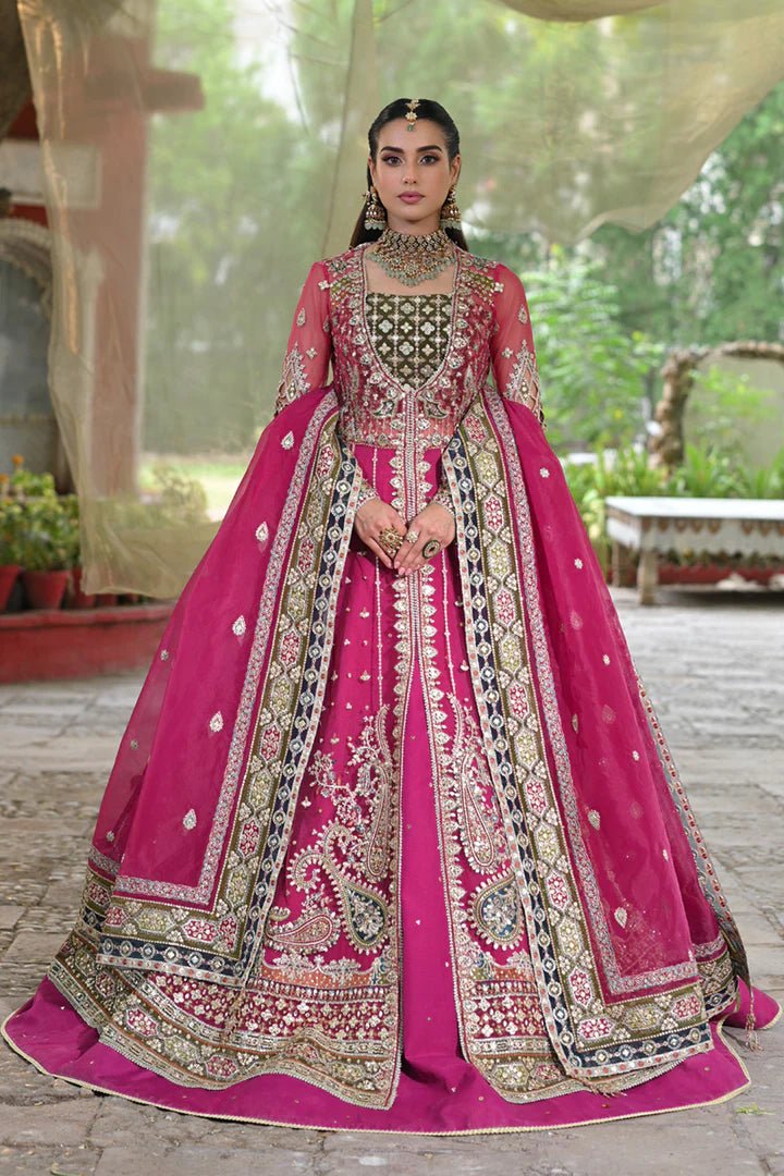 Model wearing Qalamkar Singhar Wedding Formals RF - 04 RIMEL dress in magenta, Pakistani wedding clothes online in UK.