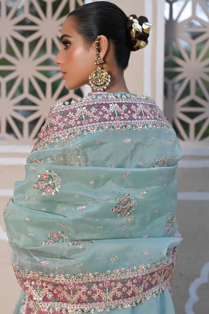 Model wearing Qalamkar Singhar Wedding Formals RF - 05 NEVA dress in mint green, Pakistani wedding clothes online in UK.