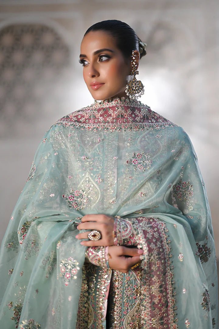 Model wearing Qalamkar Singhar Wedding Formals RF - 05 NEVA dress in mint green, Pakistani wedding clothes online in UK.