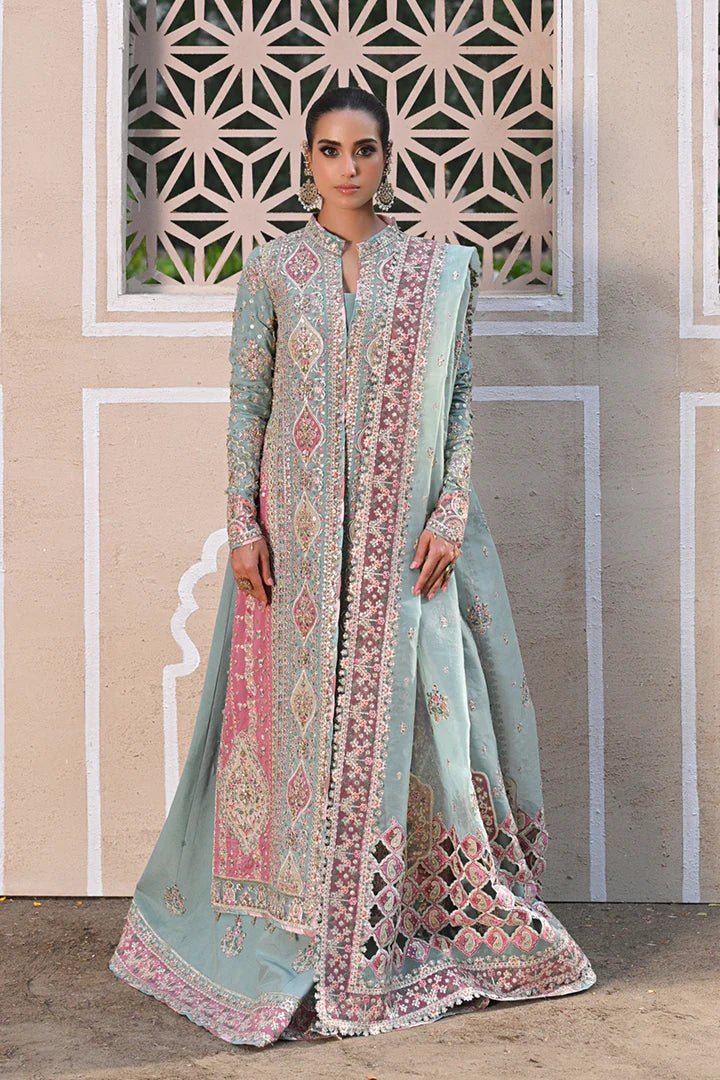 Model wearing Qalamkar Singhar Wedding Formals RF - 05 NEVA dress in mint green, Pakistani wedding clothes online in UK.