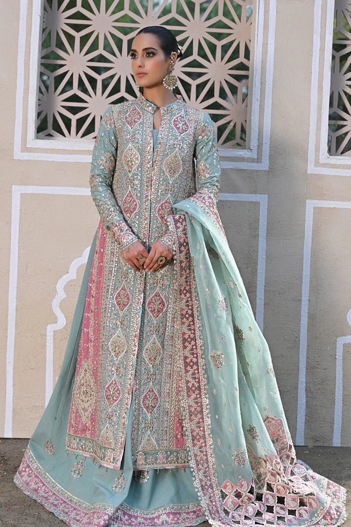 Model wearing Qalamkar Singhar Wedding Formals RF - 05 NEVA dress in mint green, Pakistani wedding clothes online in UK.