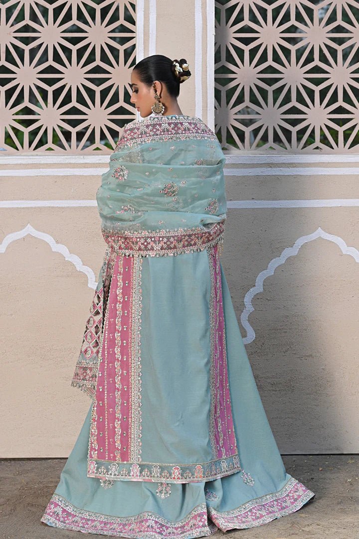 Model wearing Qalamkar Singhar Wedding Formals RF - 05 NEVA dress in mint green, Pakistani wedding clothes online in UK.