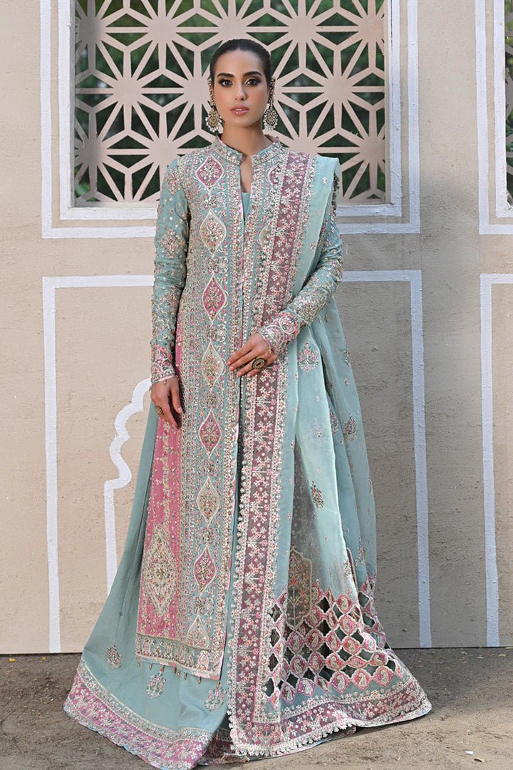 Model wearing Qalamkar Singhar Wedding Formals RF - 05 NEVA dress in mint green, Pakistani wedding clothes online in UK.