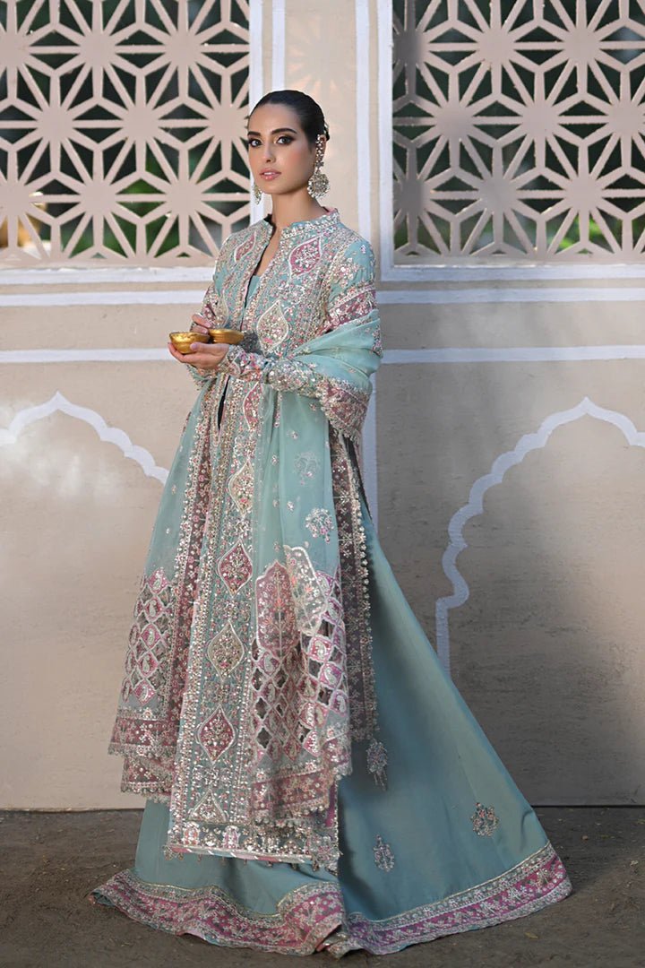 Model wearing Qalamkar Singhar Wedding Formals RF - 05 NEVA dress in mint green, Pakistani wedding clothes online in UK.