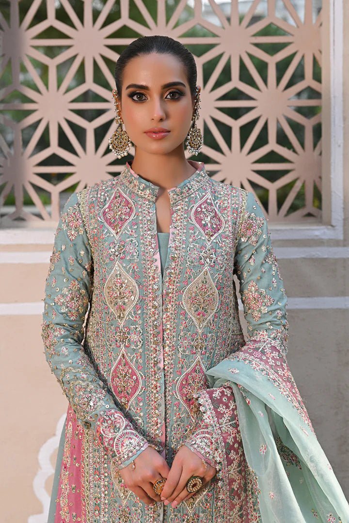 Model wearing Qalamkar Singhar Wedding Formals RF - 05 NEVA dress in mint green, Pakistani wedding clothes online in UK.