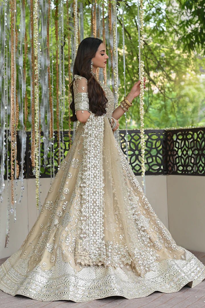 Model wearing Qalamkar Singhar Wedding Formals RF - 06 ROOP dress in ivory, Pakistani wedding clothes online in UK.