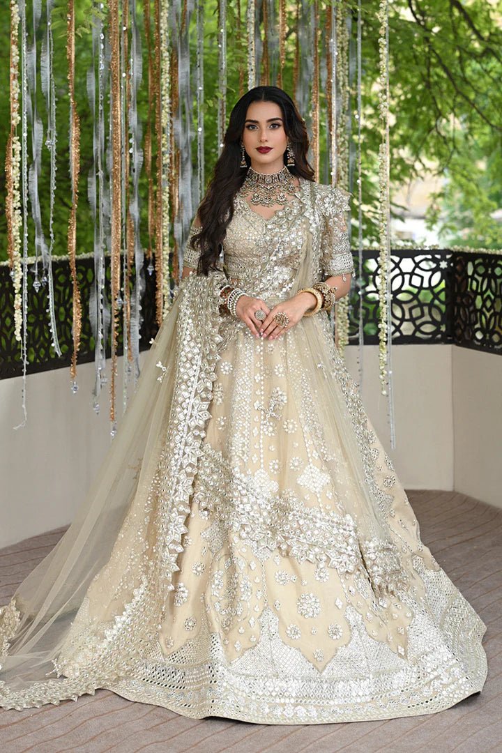 Model wearing Qalamkar Singhar Wedding Formals RF - 06 ROOP dress in ivory, Pakistani wedding clothes online in UK.