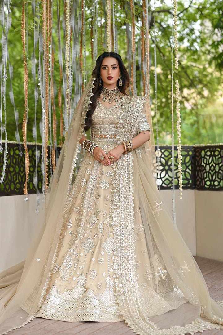 Model wearing Qalamkar Singhar Wedding Formals RF - 06 ROOP dress in ivory, Pakistani wedding clothes online in UK.