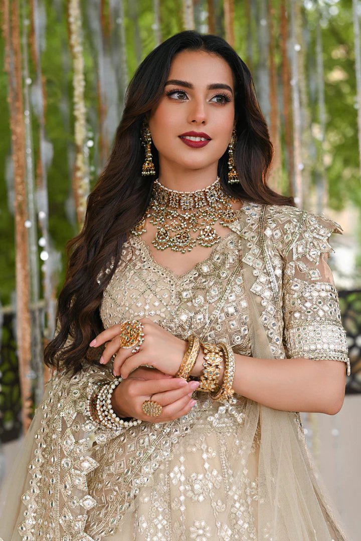 Model wearing Qalamkar Singhar Wedding Formals RF - 06 ROOP dress in ivory, Pakistani wedding clothes online in UK.