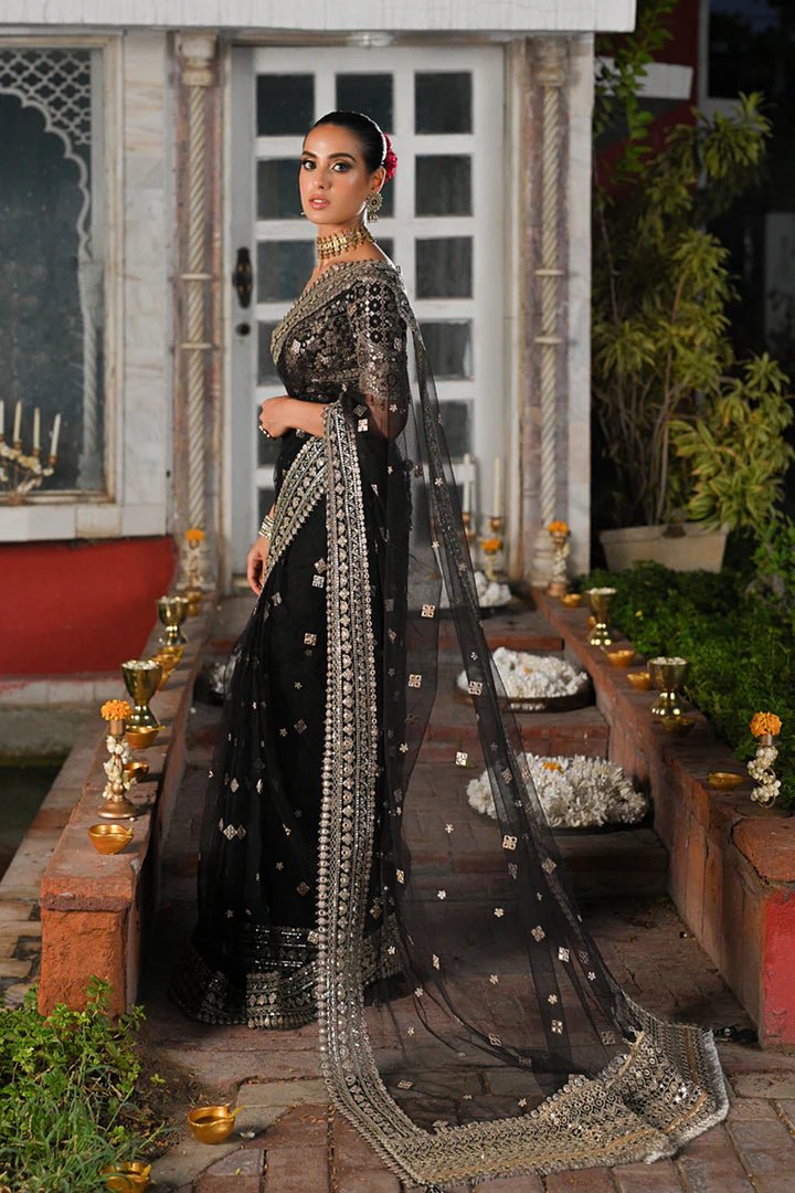 Model wearing Qalamkar Singhar Wedding Formals RF - 08 MINHA saree in black, Pakistani wedding clothes online in UK.