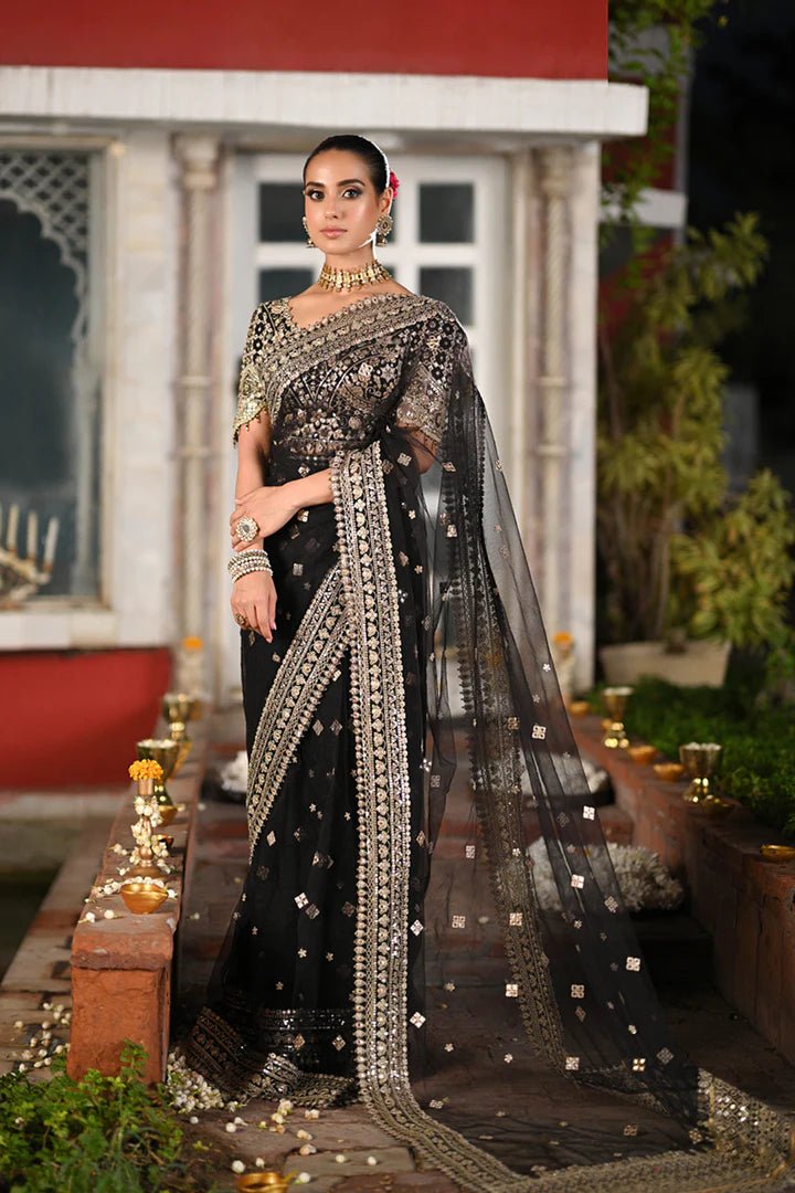 Model wearing Qalamkar Singhar Wedding Formals RF - 08 MINHA saree in black, Pakistani wedding clothes online in UK.