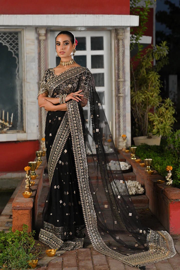 Model wearing Qalamkar Singhar Wedding Formals RF - 08 MINHA saree in black, Pakistani wedding clothes online in UK.