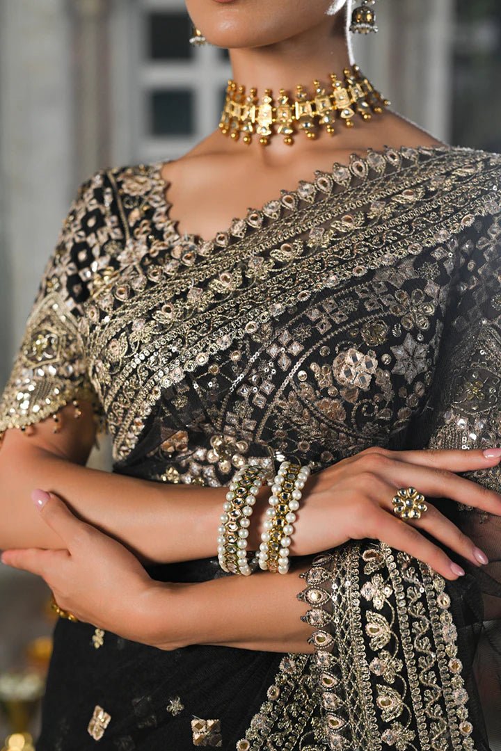 Model wearing Qalamkar Singhar Wedding Formals RF - 08 MINHA saree in black, Pakistani wedding clothes online in UK.