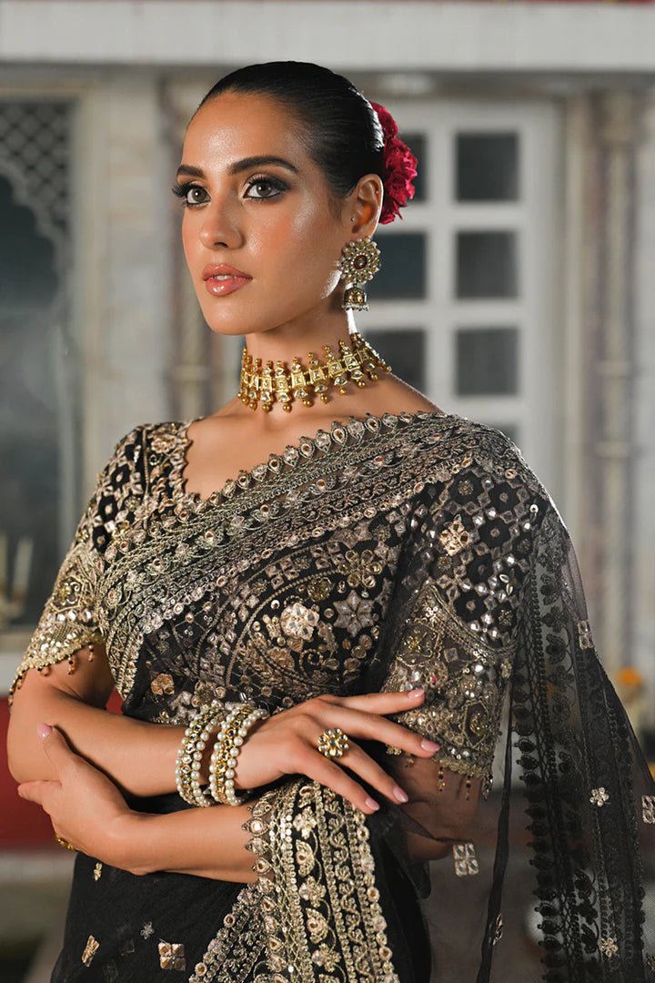 Model wearing Qalamkar Singhar Wedding Formals RF - 08 MINHA saree in black, Pakistani wedding clothes online in UK.