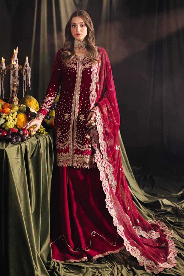 Model wearing Qalamkar Velvet Edit '24 BK - 02 AMARA, a luxurious deep red velvet dress adorned with intricate embroidery, perfect for weddings. Available as Pakistani clothes online in the UK.