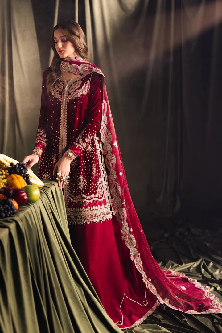 Model wearing Qalamkar Velvet Edit '24 BK - 02 AMARA, a luxurious deep red velvet dress adorned with intricate embroidery, perfect for weddings. Available as Pakistani clothes online in the UK.