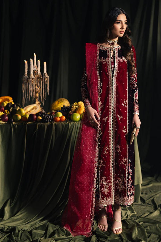 Model wearing Qalamkar Velvet Edit '24 BK - 04 KESIA, a luxurious deep red velvet dress with intricate embroidery, perfect for weddings. Available as Pakistani clothes online in the UK.