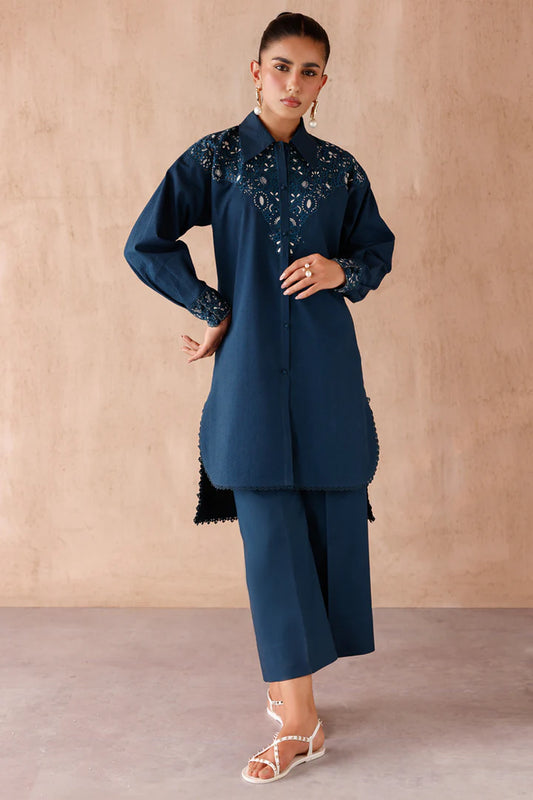 Model wearing navy blue embroidered coords EP-08 Rumi from Qalamkar, Pakistani luxury pret online in UK.

