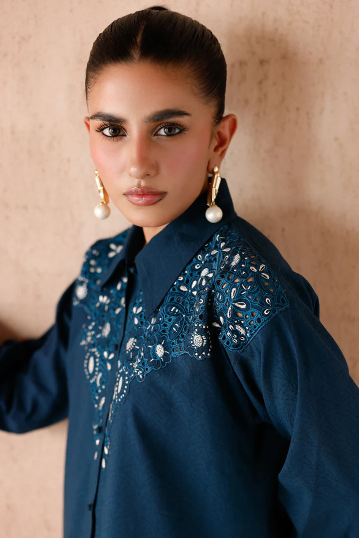 Model wearing navy blue embroidered coords EP-08 Rumi from Qalamkar, Pakistani luxury pret online in UK.